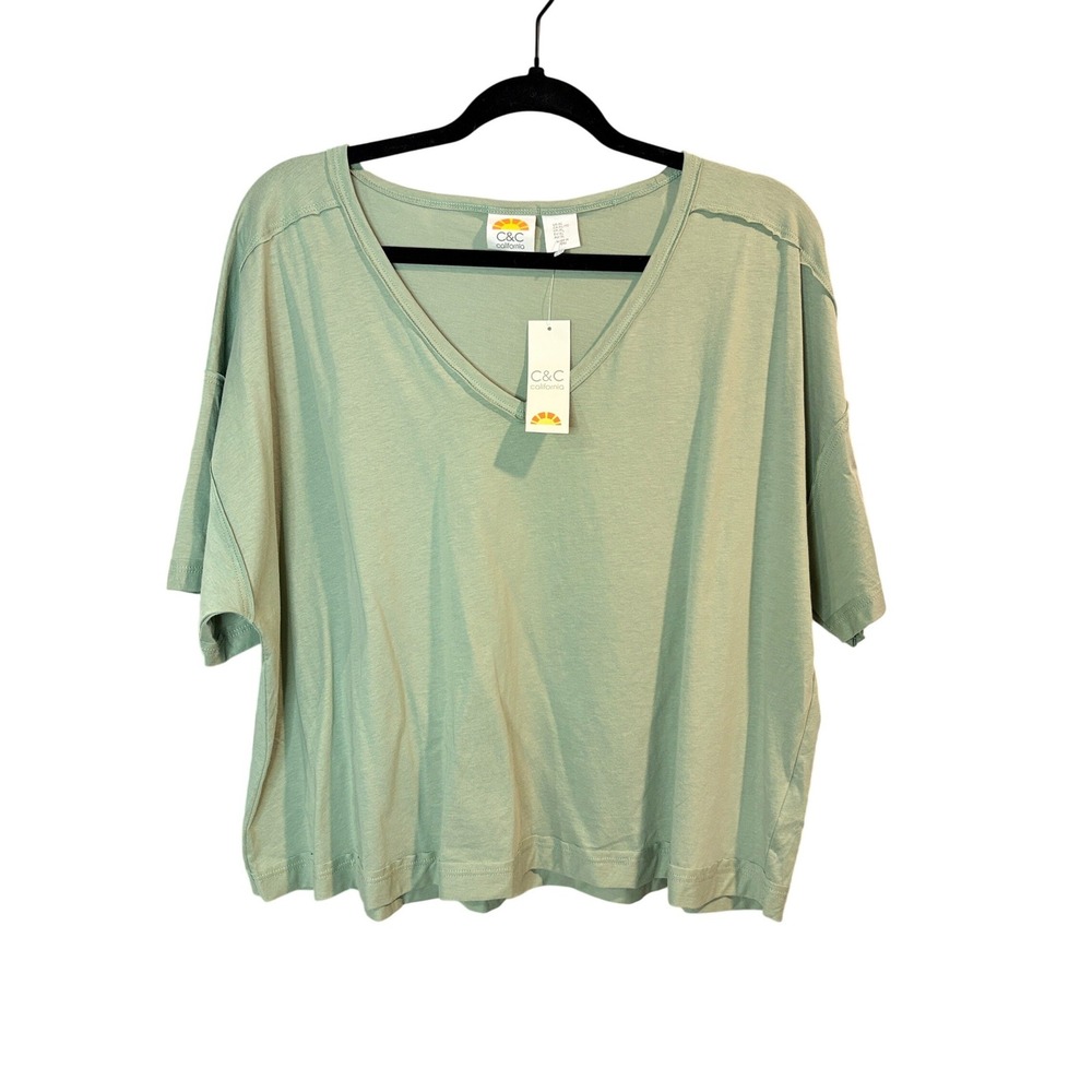 C&C California Sage Green V-Neck Tee Women XL Organic Cotton‎ Boxy Short Sleeve